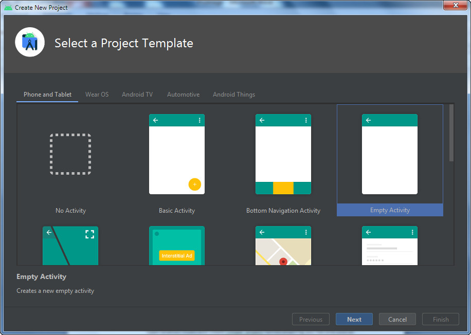 android studio select a project template